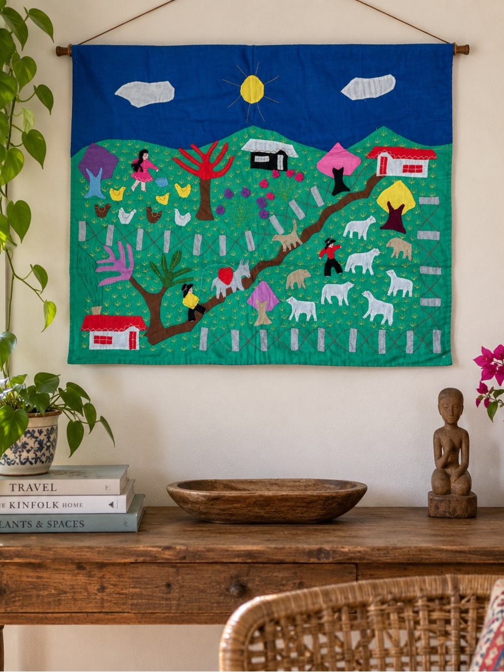 Hand-Sewn Colombian Folk Art Textile – Village & Farm Scene